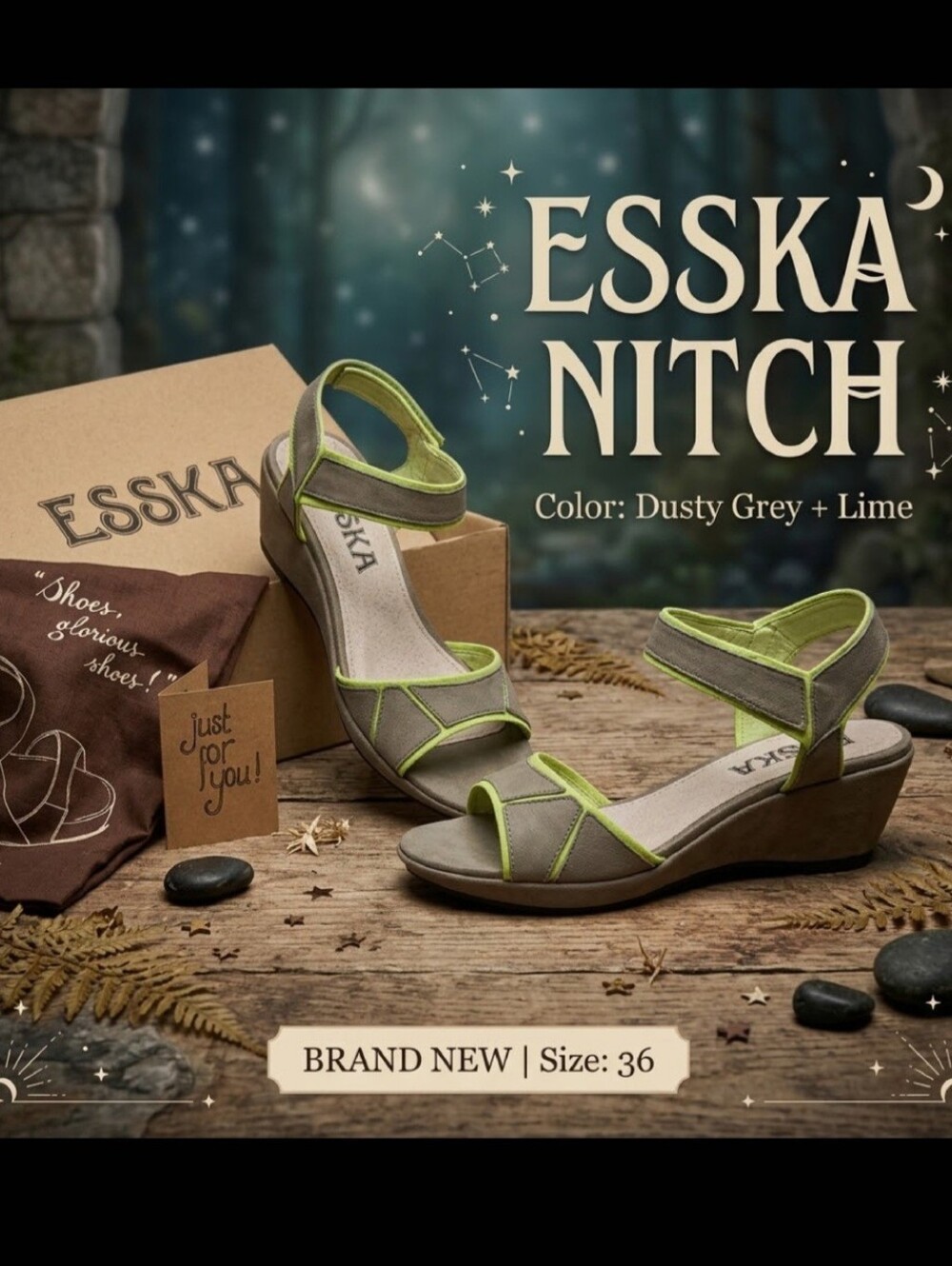 NIB Esska Nitch Leather Wedge Sandals Dusty Grey Lime Green Size 36 / US 6
